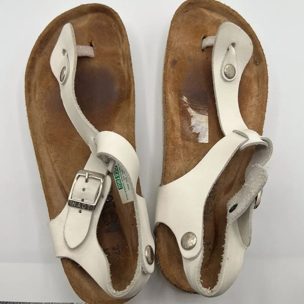 Naot Leather Thong Flat Sandals White Brown Buckles Womens Size 37 US 6 Boho